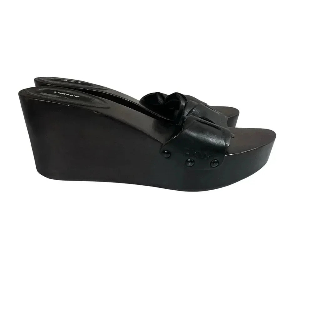 DKNY Sandal Size 8 Black Platform Leather Wooden Wedge Heel Y2K Donna Karen NY